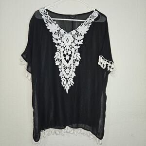 CPOKRTWSO Women’s Crochet Chiffon Tassel Swimsuit Cover Ups Black & White SZ S/M